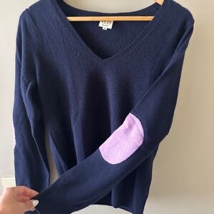 Navy Blue V-Neck Cashmere Sweater with Pink Elbow Patches
